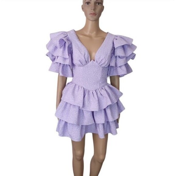 DONT BUY!ASOS LUXE dress S 8 lilac bubble hem ruffle puff sleeve tiered - Picture 4 of 8